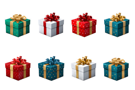 A collection of red, blue and green gift wrapped Christmas, birthday or valentines presents with red and gold ribbon bows isolated against a transparent background.