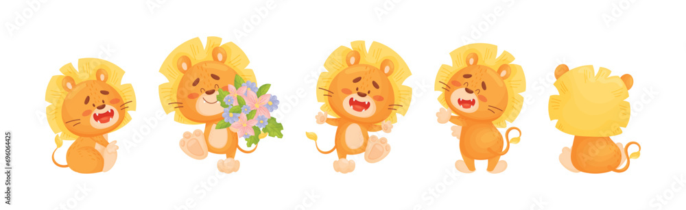 Aufkleber lion cub character with mane engaged in different activity vector set