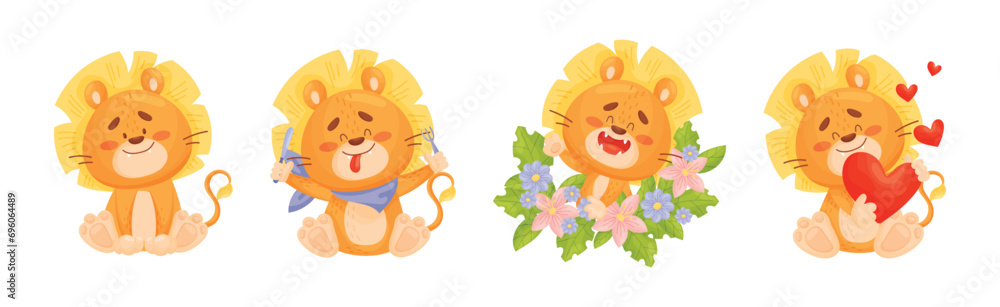Poster lion cub character with mane engaged in different activity vector set