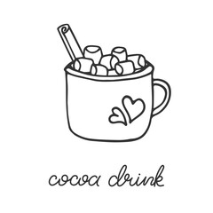 Cute Cozy card with Cocoa Drink. Mug with delicious drink and Marshmallow and cinnamon in Doodle style. Black Line drawn cup Isolated on white. Outline Design element