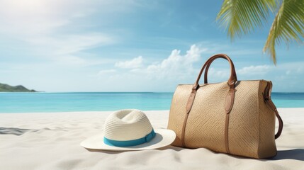 Obraz na płótnie Canvas tylish straw beach bag on sandy shores, embodying coastal elegance.