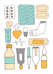Collection of medical tools isolated on white background. Doodle. All items are separated. Vector illustration