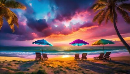 summer-themed background image with a bright and warm color palette feature elements such as sun umbrellas, beach balls, and palm trees. there are areas for promotional text and the company logo.