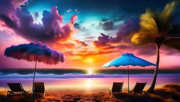 summer-themed background image with a bright and warm color palette feature elements such as sun umbrellas, beach balls, and palm trees. there are areas for promotional text and the company logo.