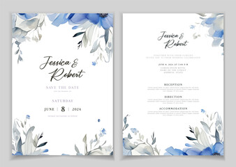 Wedding invitation card background with line art, watercolor flower and botanical leaves, organic shapes. Floral poster, invite card template - obrazy, fototapety, plakaty