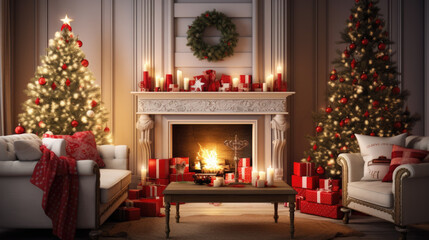 Fototapeta na wymiar Interior of decorated living room with Christmas tree and comfortable sofa for family comeliness
