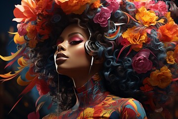 Profile portrait of young beautiful African American  girl with colorful flowers - obrazy, fototapety, plakaty
