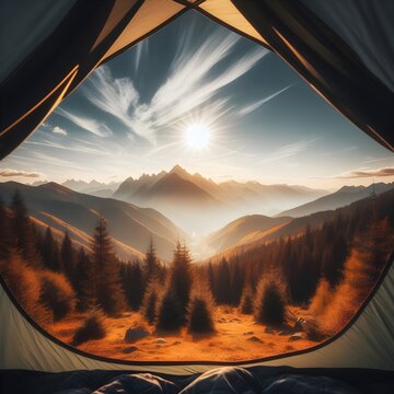 Camping tent in the mountains at sunrise. The concept of travel and camping.