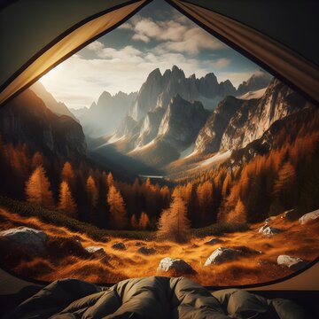 Camping tent in the mountains at sunrise. The concept of travel and camping.