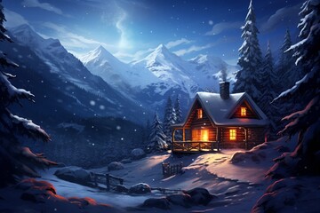 A cozy cabin with smoke rising from the chimney, nestled in a snowy valley under a clear, starry winter night. - obrazy, fototapety, plakaty