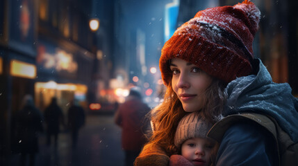 A woman and child walks down a busy cold, winter city street at night. Mother and son smile hugging on a cold and snowy street at night - obrazy, fototapety, plakaty