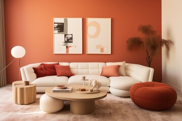 A cozy corner in a modern living room, boasting a curved sofa, ottoman, and armchair against a coral backdrop. The Japandi influence is evident in the seamless integration of style and comfort.