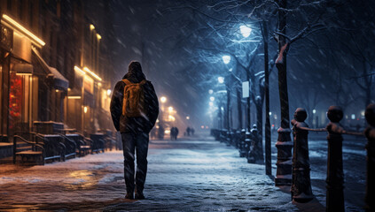 A person walks along a snowy city Quite street at night, with city lights reflecting on the fresh snowfall, creating a magical and quiet urban winter scene