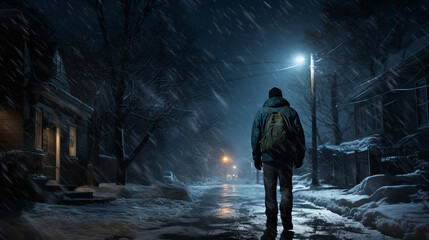 A person walks along a snowy city Quite street at night, with city lights reflecting on the fresh snowfall, creating a magical and quiet urban winter scene - obrazy, fototapety, plakaty