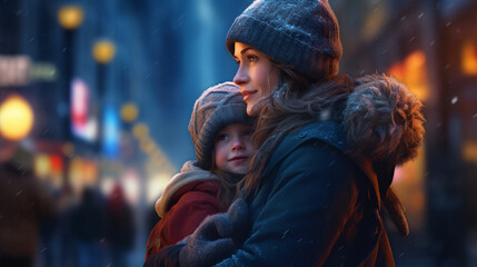A woman and child walks down a busy cold, winter city street at night. Mother and son smile hugging on a cold and snowy street at night