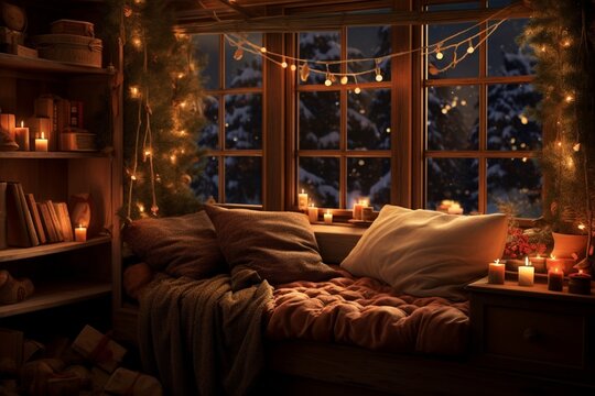 A cozy corner with plush blankets and holiday pillows, bathed in the soft glow of Christmas lights.