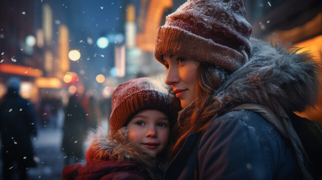 A Woman And Child Walks Down A Busy Cold, Winter City Street At Night. Mother And Son Smile Hugging On A Cold And Snowy Street At Night