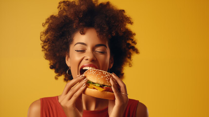 candid studio shot of A hungry woman biting a delicious burger . isolated on vibrant yellow background with copy space. advertising concept for food delivery, fast food restaurant  - obrazy, fototapety, plakaty