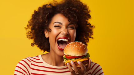 candid studio shot of A hungry woman biting a delicious burger . isolated on vibrant yellow background with copy space. advertising concept for food delivery, fast food restaurant  - obrazy, fototapety, plakaty