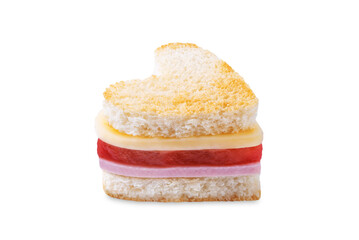 Sausage tomato cheese canapes in the form of heart for Valentine's day holiday on a white isolated background