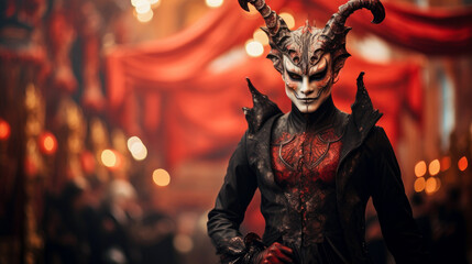 Man in red devil costume with copyspace - obrazy, fototapety, plakaty