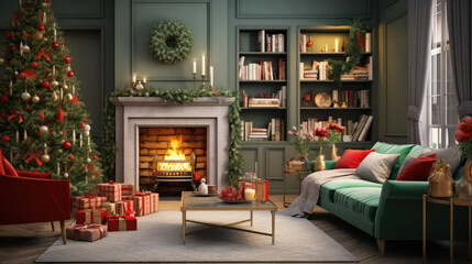 Interior of decorated living room with Christmas tree and comfortable sofa for family comeliness