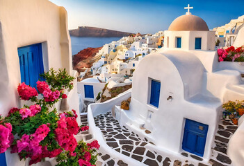 . Pictures view of traditional cycladic Santorini houses on small street with flowers in foreground