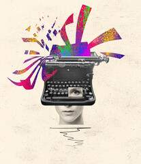 Pop art collage. Female typing on retro typewriter over creative design background.
