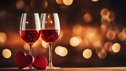 Rolgordijnen Two glasses of red wine standing on table with heart shape on festive golden bokeh background. Love anniversary birthday celebration concept © Cherstva