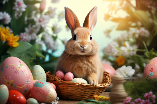 Cute rabbit hare bunny sitting in a basket with colorful painted Easter eggs and blurred flowers background. Happy holidays concept