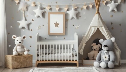 the modern scandinavian newborn baby room with mock up photo frame wooden car plush rhino and clouds hanging cotton flags and white stars minimalistic and cozy interior with white walls real photo - obrazy, fototapety, plakaty