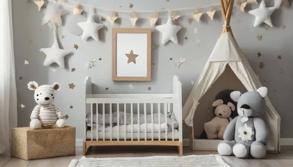 Keuken spatwand met foto the modern scandinavian newborn baby room with mock up photo frame wooden car plush rhino and clouds hanging cotton flags and white stars minimalistic and cozy interior with white walls real photo © Josue