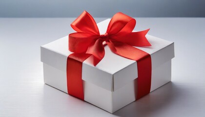 white gift box with red ribbon bow on white