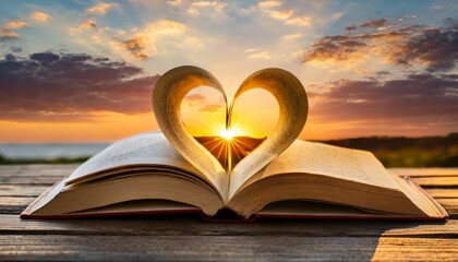 heart from a book page against a beautiful sunset