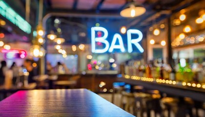 bar neon sign with blur counter bar background