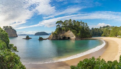 panoramic picture of cathedral cove beach in summer without people during daytime