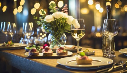 elegant and select restaurant table wine glass and appetizers on the bar table soft light and romantic atmosphere dinner wedding service menue - obrazy, fototapety, plakaty