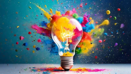 Foto op Plexiglas creative light bulb explodes with colorful paint and colors new idea brainstorming concept © Josue