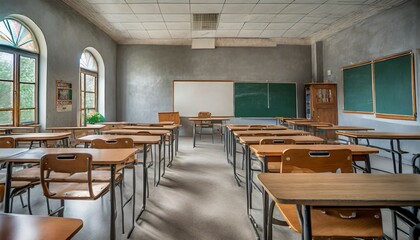 Fototapeta na wymiar empty classroom back to school concept in high school classroom interior vintage wooden lecture wooden chairs and desks studying lessons in secondary education generative ai