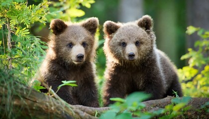 two young brown bear cub in the fores