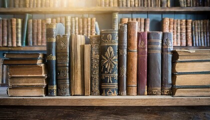 old antiques books on wooden shelf tiled bookshelf background concept on the theme of history...