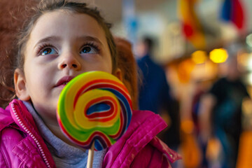 Portrait of a girl with innocent look eating a colorful popsicle on a background with bokeh, copy...