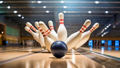 ball does strike on ten pin bowling in skittle ground - obrazy, fototapety, plakaty