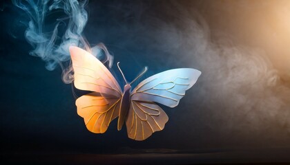 shining butterfly from paper on a dark background with gradient warm and cold smoke magical creature concept with copy space