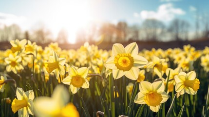 Obraz premium beauty of spring with a vibrant image of a yellow daffodil standing gracefully in a sun-kissed field.