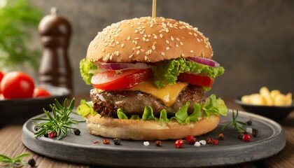 close up home made beef burger on wooden table