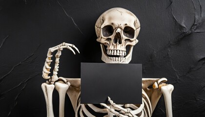 skeleton holding black empty card on black background mockup for halloween card