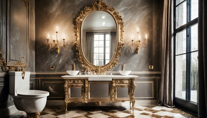 a modern look mirror and sink cabinet in an elegant bathroom in the style of baroque dramatic lighting generative ai - obrazy, fototapety, plakaty