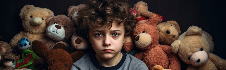 Sad upset crying caucasian little preschool boy 6 years old,  with many toy sitting on floor. banner - obrazy, fototapety, plakaty