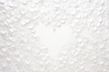 Valentines day background of white paper confetti in the form of hearts, Flat lay style with minimalistic design. Template for banner with copy space or party invitation. Generative AI
